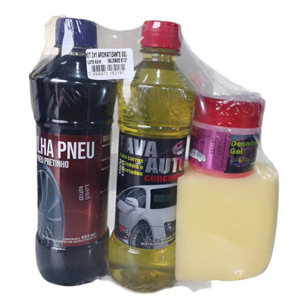 Kit 3x1 Aromatizante Gel Brilha Pneu Lava Auto Carro Novo Amarelo