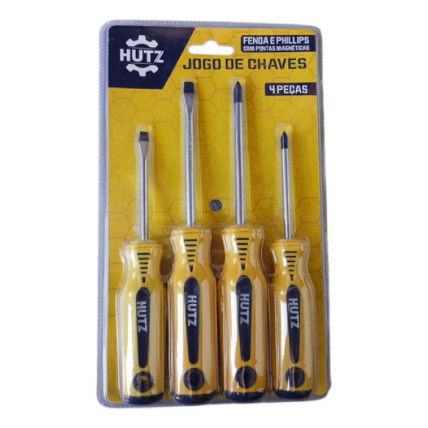Jogo De Chaves Fenda E Philips Pontas Magnéticas Hutz 4 Pçs Amarela